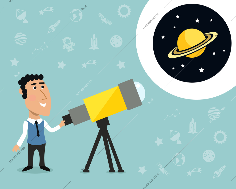 Cartoon male astronomer observes jupiter in telescope print with space elements on background vector illustration