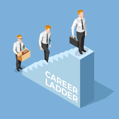 Recruitment concept with male adult climbing career ladder 3d isometric vector illustration