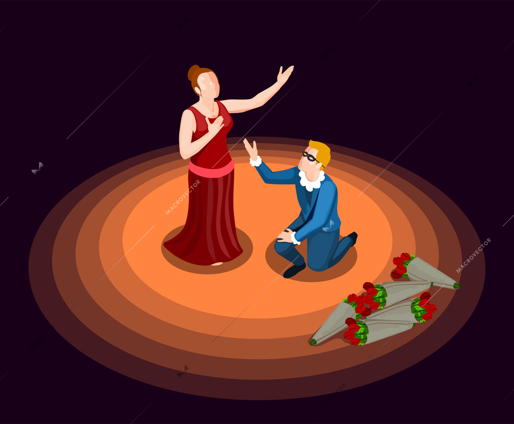 Theatre actor and actress in costumes performing at stage on black background 3d isometric icon vector illustration