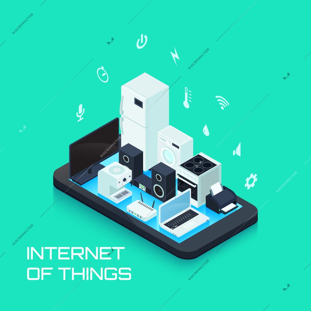 Internet of things urban design composition with home appliances controlling by smartphone apps isometric vector illustration