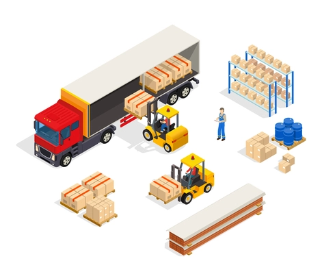 Warehouse truck isometric composition with manipulator carts loading boxes into lorry with freight handler human characters vector illustration
