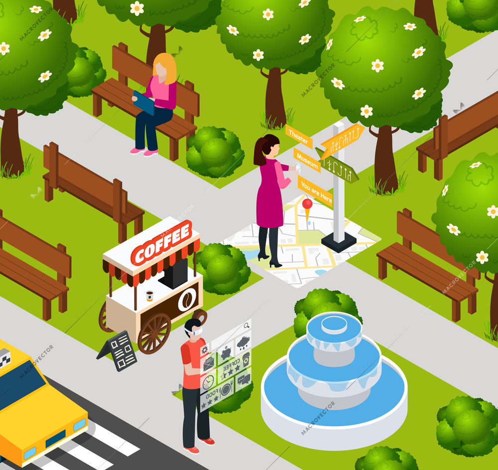 Colored augmented reality park composition digital technology with navigation and internet in smartphone vector illustration