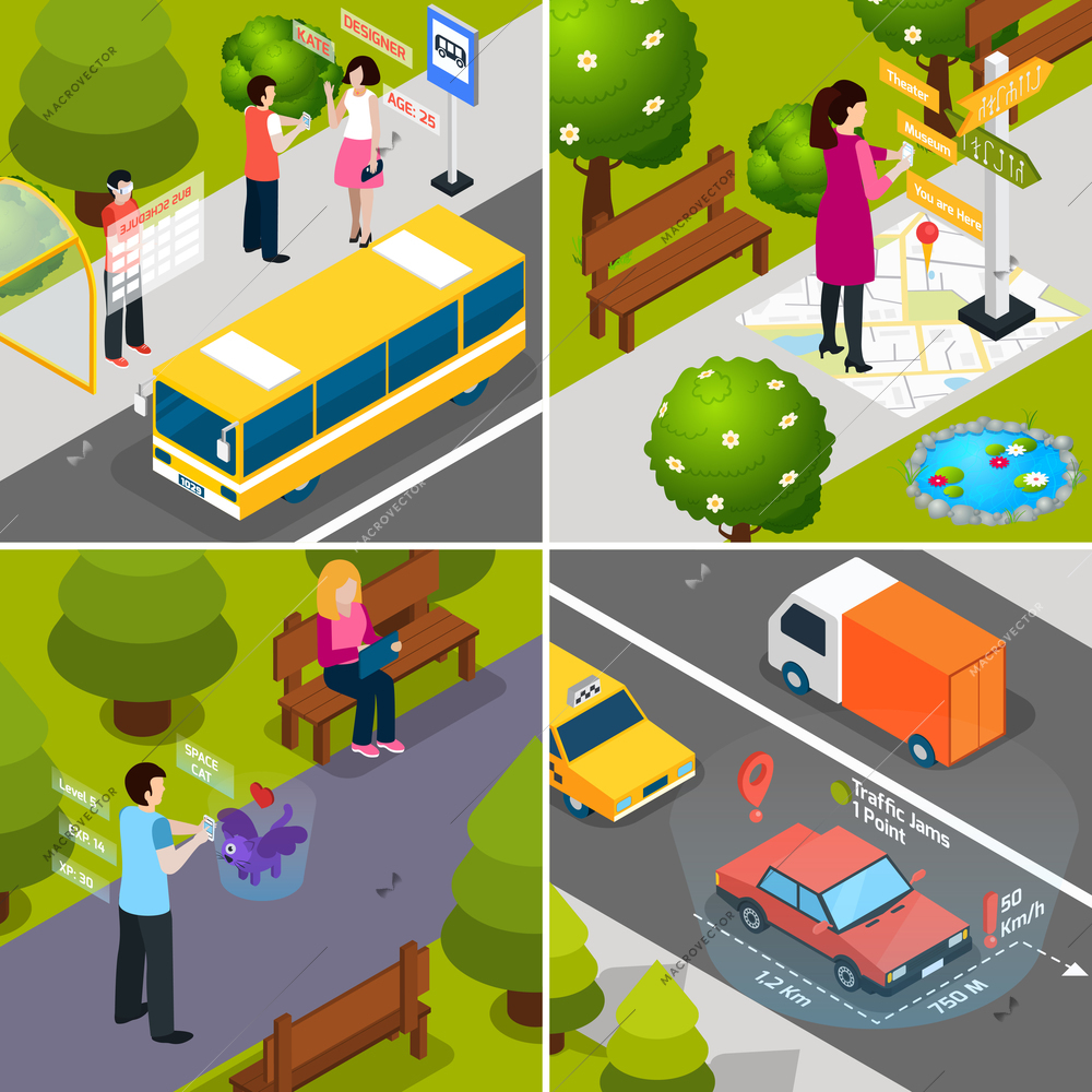 Four square virtual augmented reality 360 degree isometric icon set with people and smartphones vector illustration