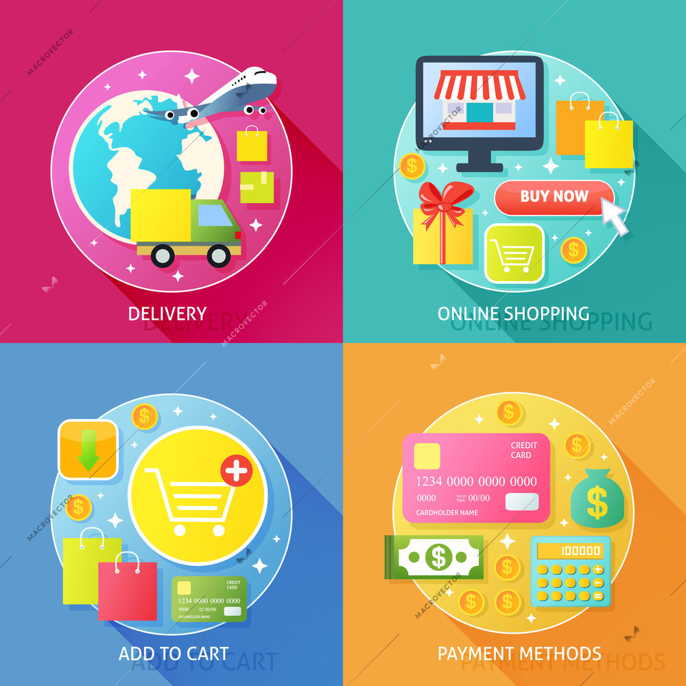 Business process concept of delivery online internet shopping add to cart and payment methods icons set vector illustration