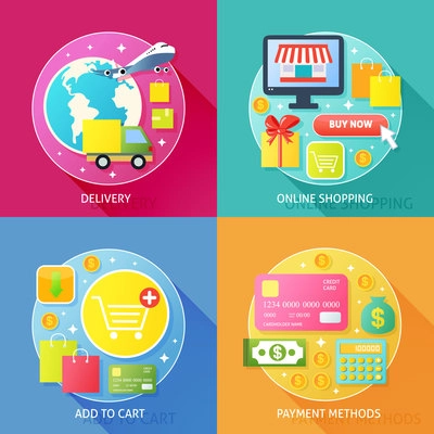 Business process concept of delivery online internet shopping add to cart and payment methods icons set vector illustration