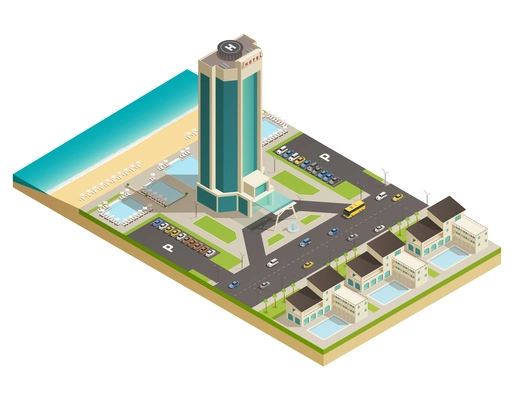 Luxurious modern building hotel tower in resort area  composition with road parking lot isometric view vector illustration