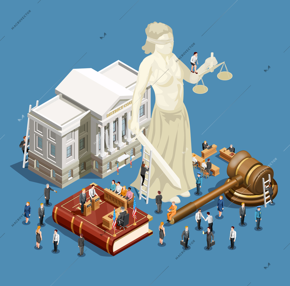 Law and justice symbols isometric icon concept on blue background 3d vector illustration