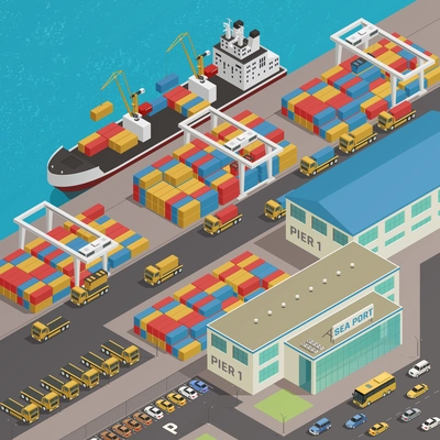Freight barge moored at harbor wharf quayside pier loading with colorful cargo containers isometric composition vector illustration