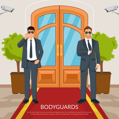 Bodyguard at doors with men red carpet and camera flat vector illustration