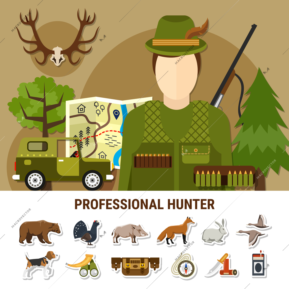 Professional hunter concept with map car animals and forest flat isolated vector illustration