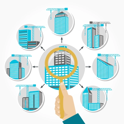 Construction and house concept with search symbols flat isolated vector illustration