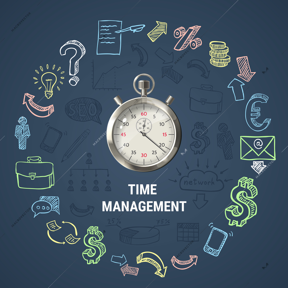 Time management round composition with 3d stopwatch, hand drawn business icons on textured dark background vector illustration