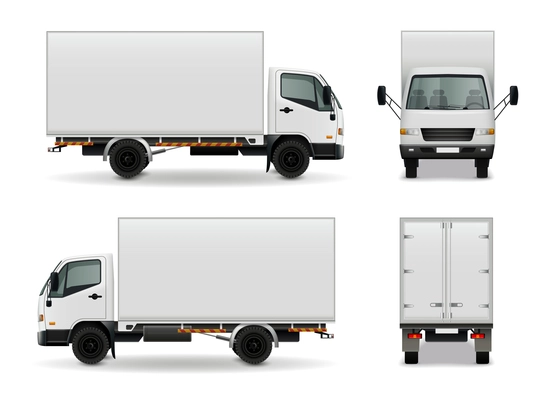 Lorry with blank surface realistic advertising mockup side view, front and rear on white background vector illustration