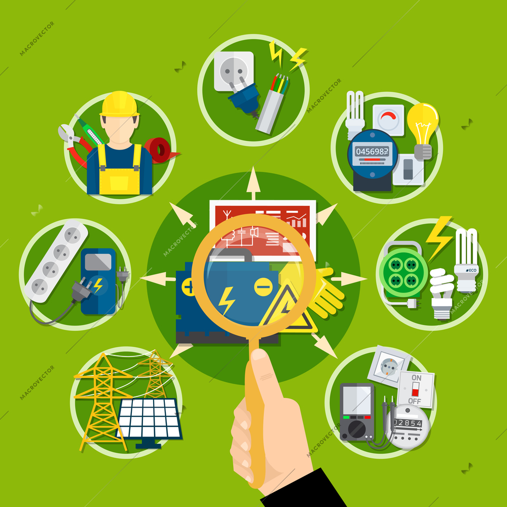 Composition with magnifier in hand, electrical appliances and technologies including solar battery on green background vector illustration