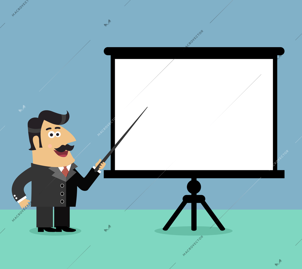 Business life shareholder boss makes a presentation pointing on blank flipchart scene vector illustration