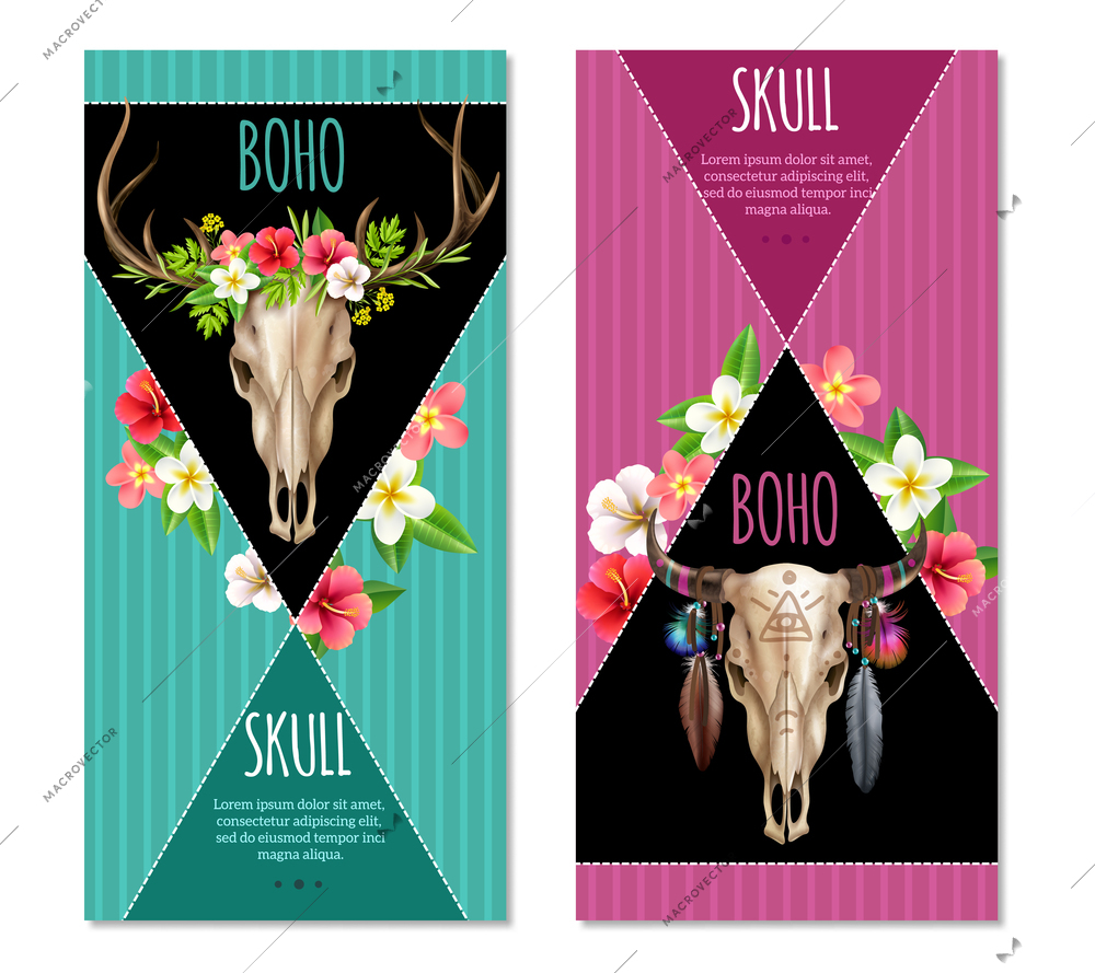 Realistic set of two vertical colorful banners with cow skulls decorated with flowers and feathers in boho style isolated on white background vector illustration