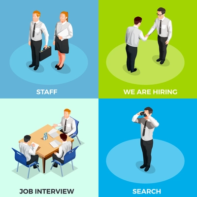 Recruitment isometric 2x2 design concept set with job candidates on colorful backgrounds 3d isolated vector illustration