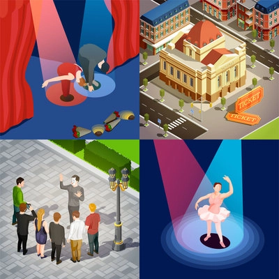 Theatre design concept with four colorful square compositions of onstage and outdoor situations and people characters vector illustration