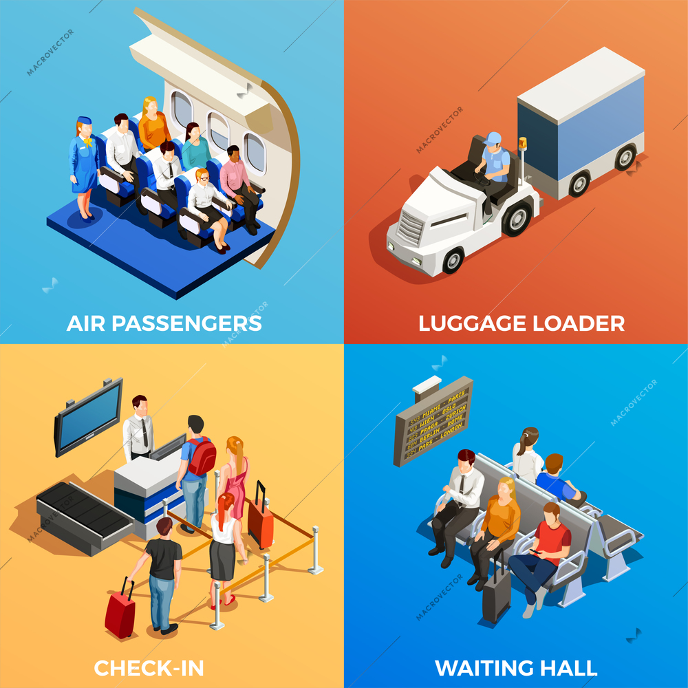 Isometric 2x2 design concept with set of scenes with people at airport and on board 3d isolated vector illustration