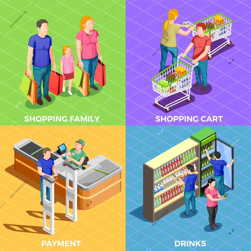 Male and female people doing shopping in supermarket 2x2 design concept isolated on colorful backgrounds 3d isometric vector illustration