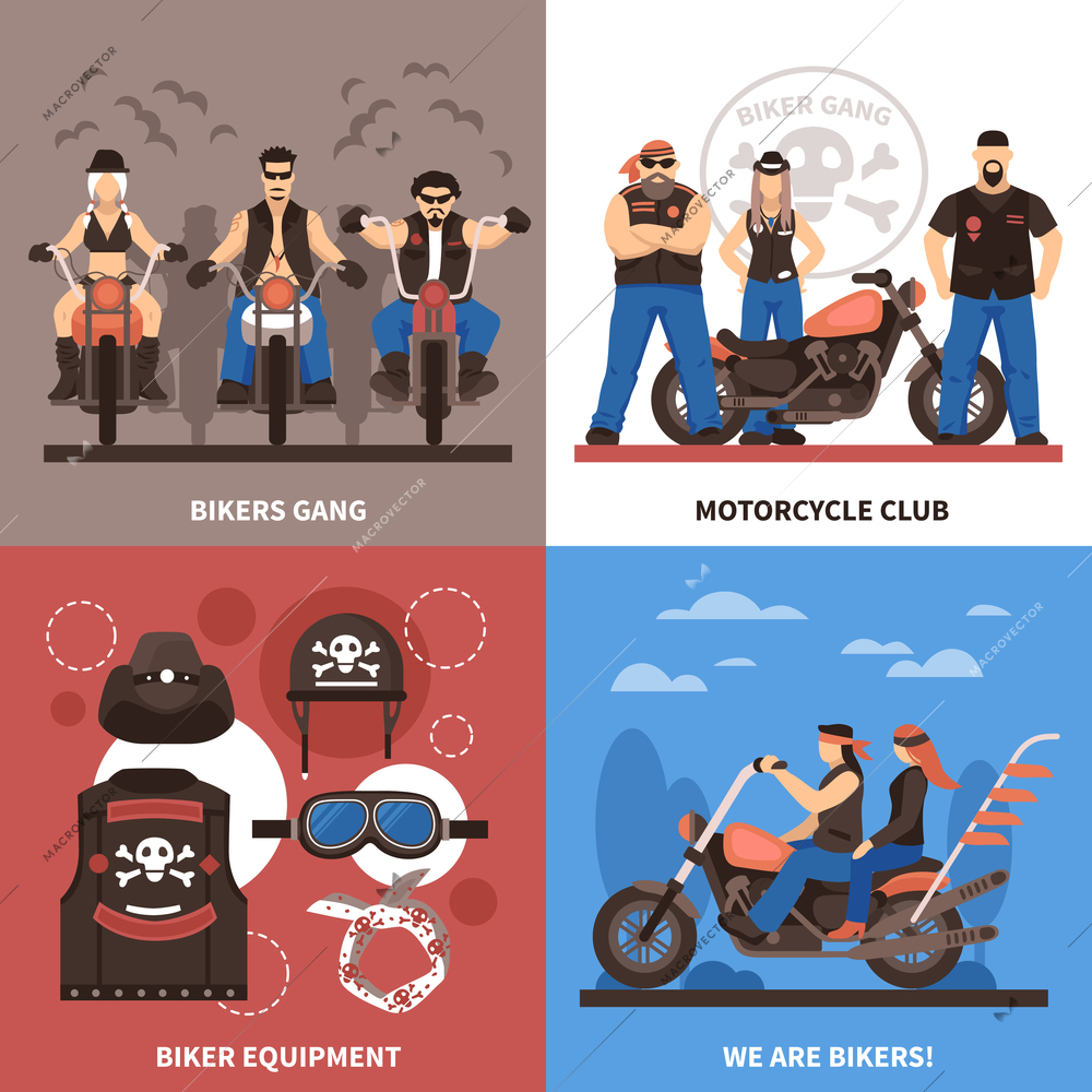 Bikers concept icons set with bikers gang symbols flat isolated vector illustration