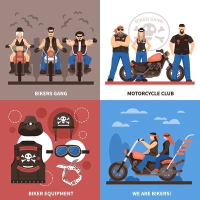 Bikers concept icons set with bikers gang symbols flat isolated vector illustration