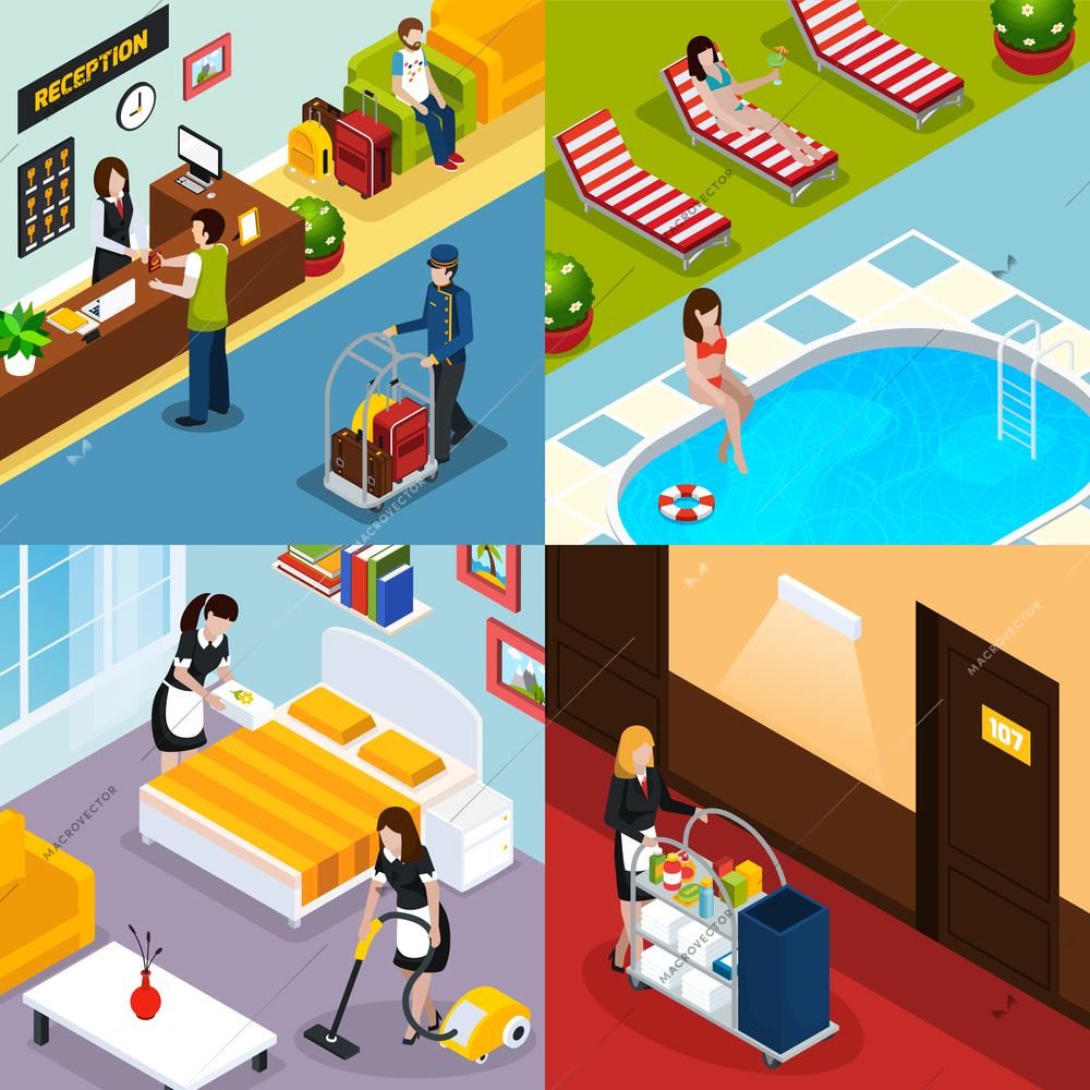 Four square hotel service isometric icon set with reception room pool maids cleaned room vector illustration