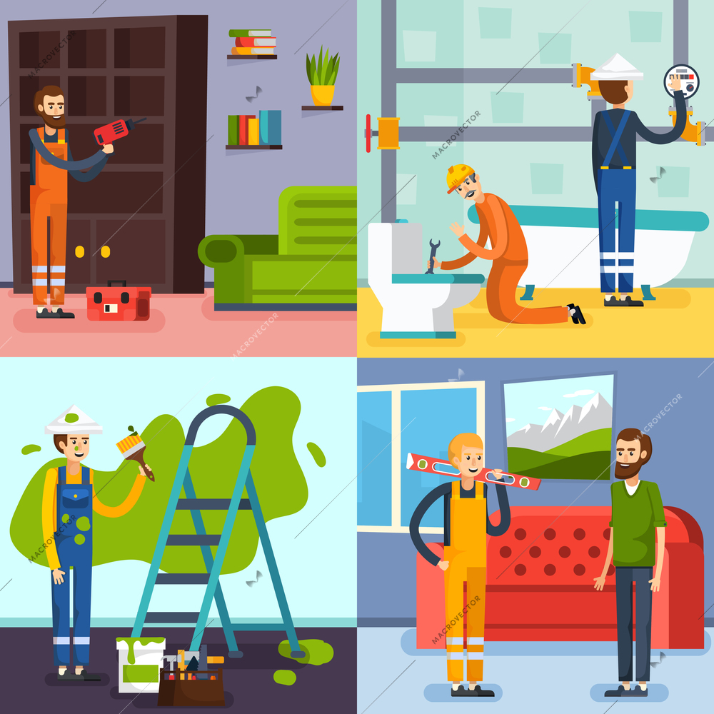 Home renovation concept 4 flat icons square with plumbers in bathroom and workman painting wall isolated vector illustration