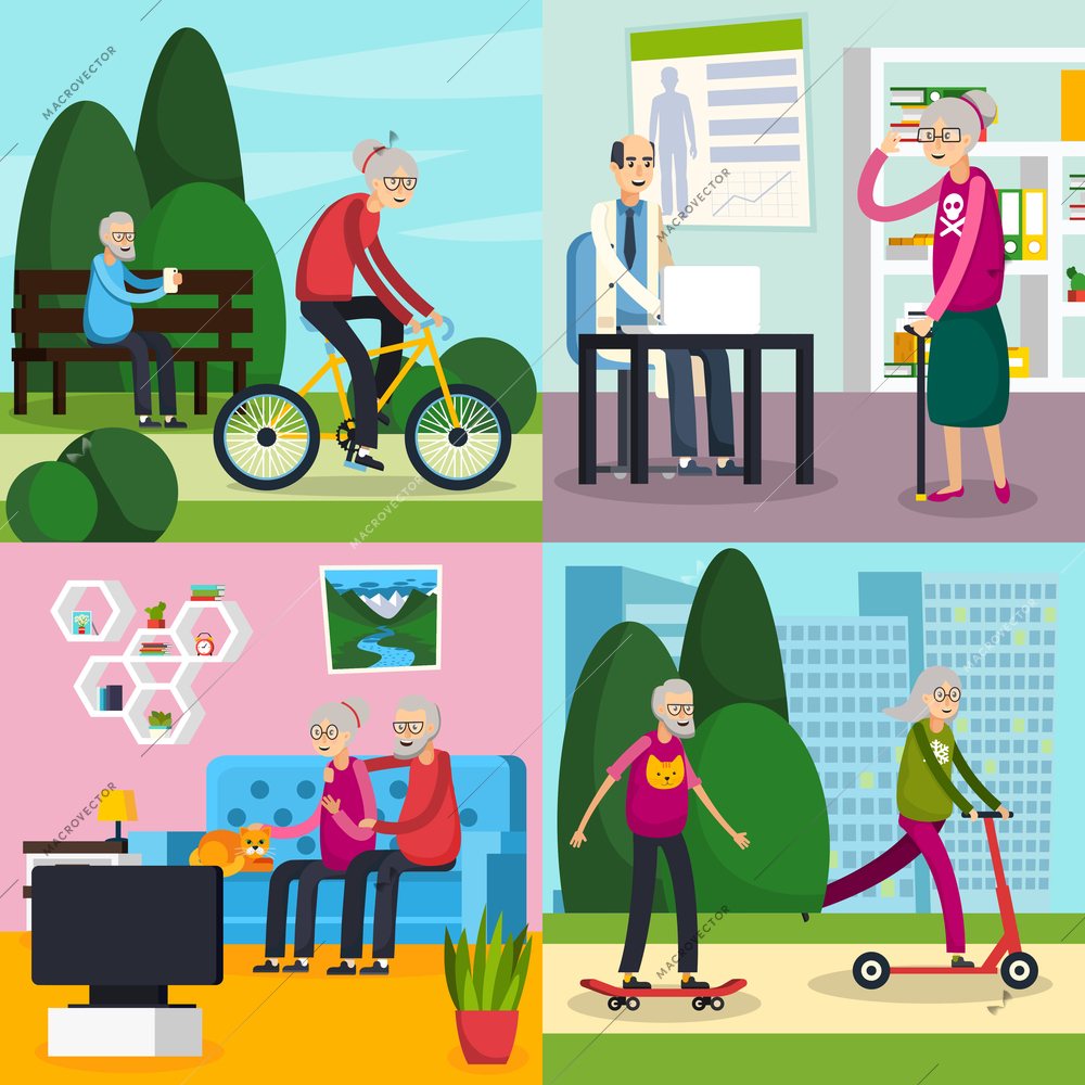 Four square aged elderly people orthogonal composition set with old people spend their free time vector illustration