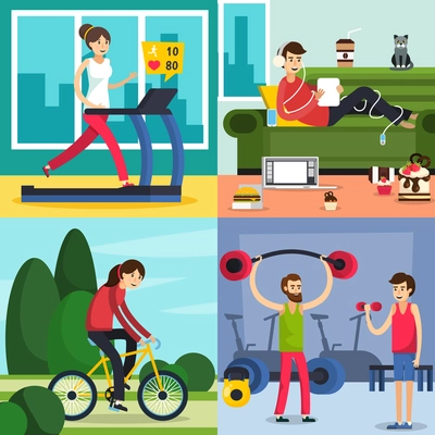 Four square colored fitness training people orthogonal icon set with different type of training or laziness vector illustration