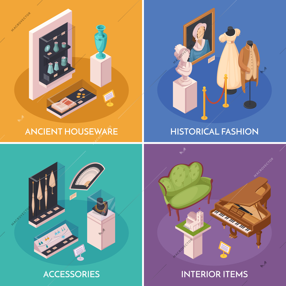 Museum exhibition 2x2 design concept with interior items ancient houseware historical fashion and accessories square compositions isometric vector illustration