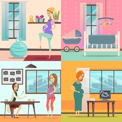 Four square flat pregnancy icon set with exercise for pregnant women room for a newborn prenatal doctors appointment vector illustration