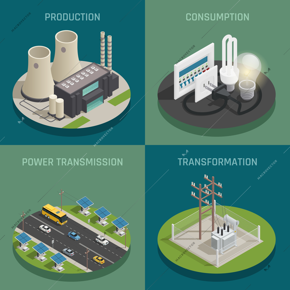 Electric power production generating transmission transformation substation and consumption concept 4 isometric icons square isolated vector illustration