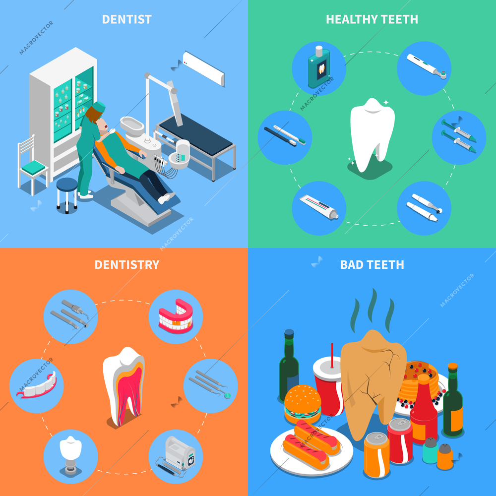 Dentistry 2x2 design concept with dentist equipment healthy and bad teeth square compositions isometric vector illustration