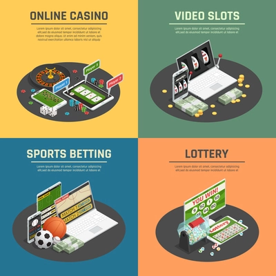 Online lottery casino sports poker gambling and video slot machines 4 isometric icons concept isolated vector illustration