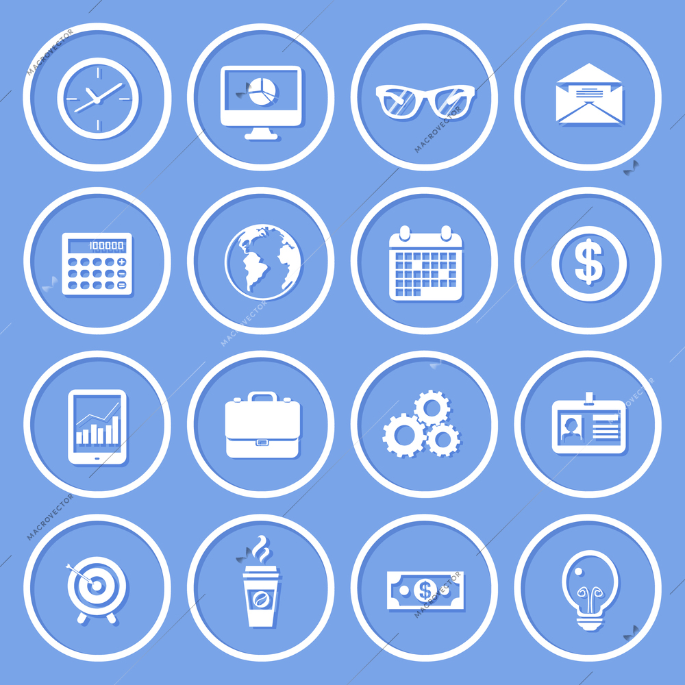 Business round paper icons set of clock computer glasses envelope vector illustration