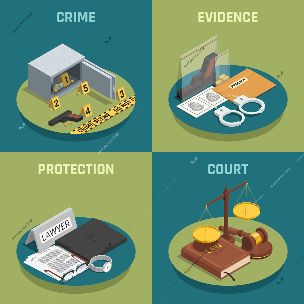 Law justice 4 isometric icons concept square composition with crime evidence and court symbols isolated vector illustration