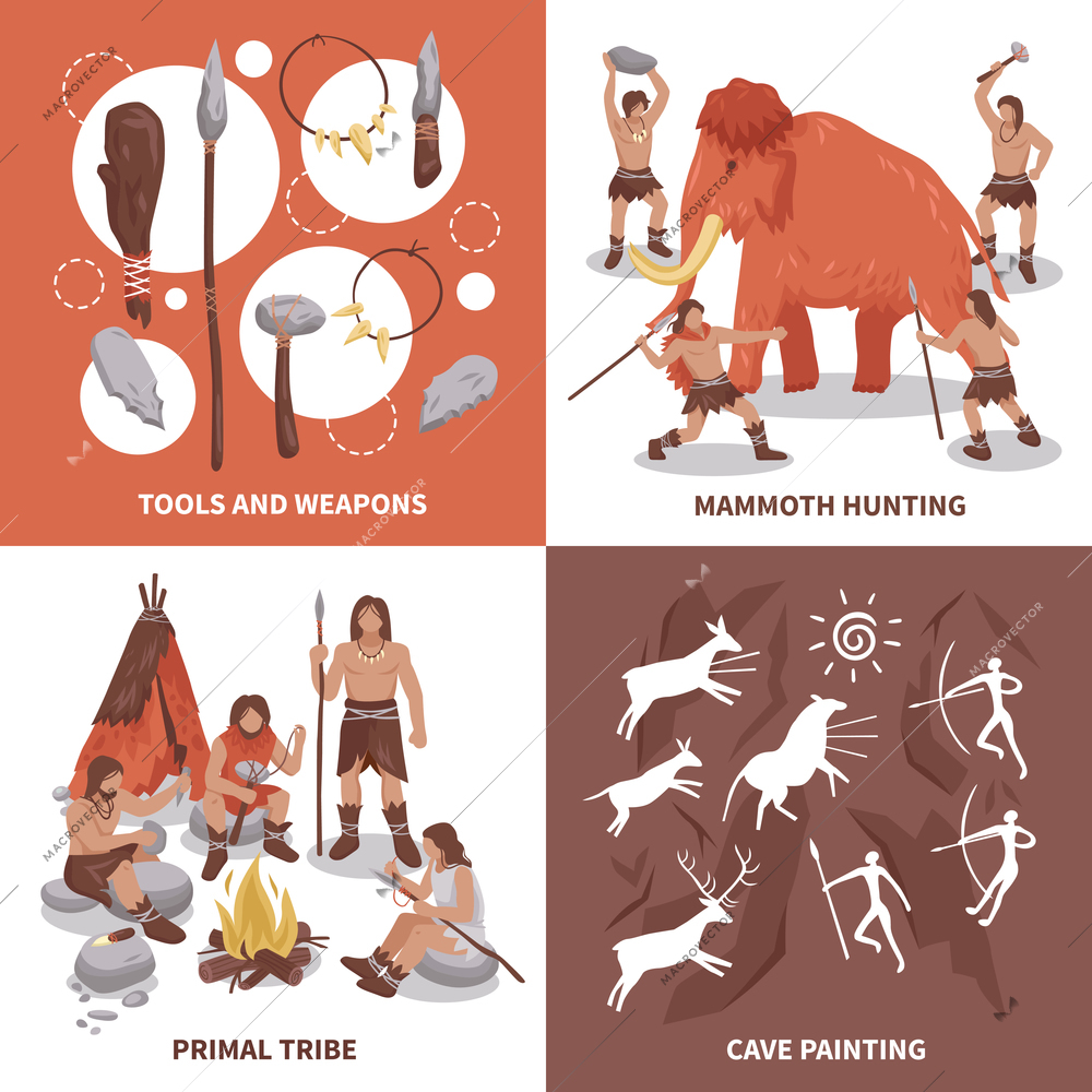 Primal tribe people concept icons set flat isolated vector illustration