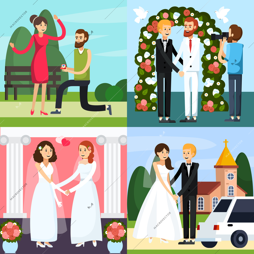 Four square colored wedding people orthogonal icon set with different types of couple vector illustration