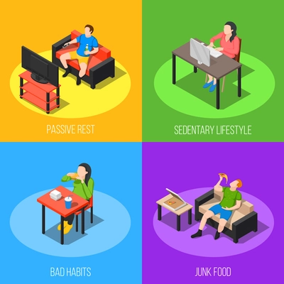 Sedentary icon isometric design concept with compositions of faceless human characters sitting during work and rest vector illustration