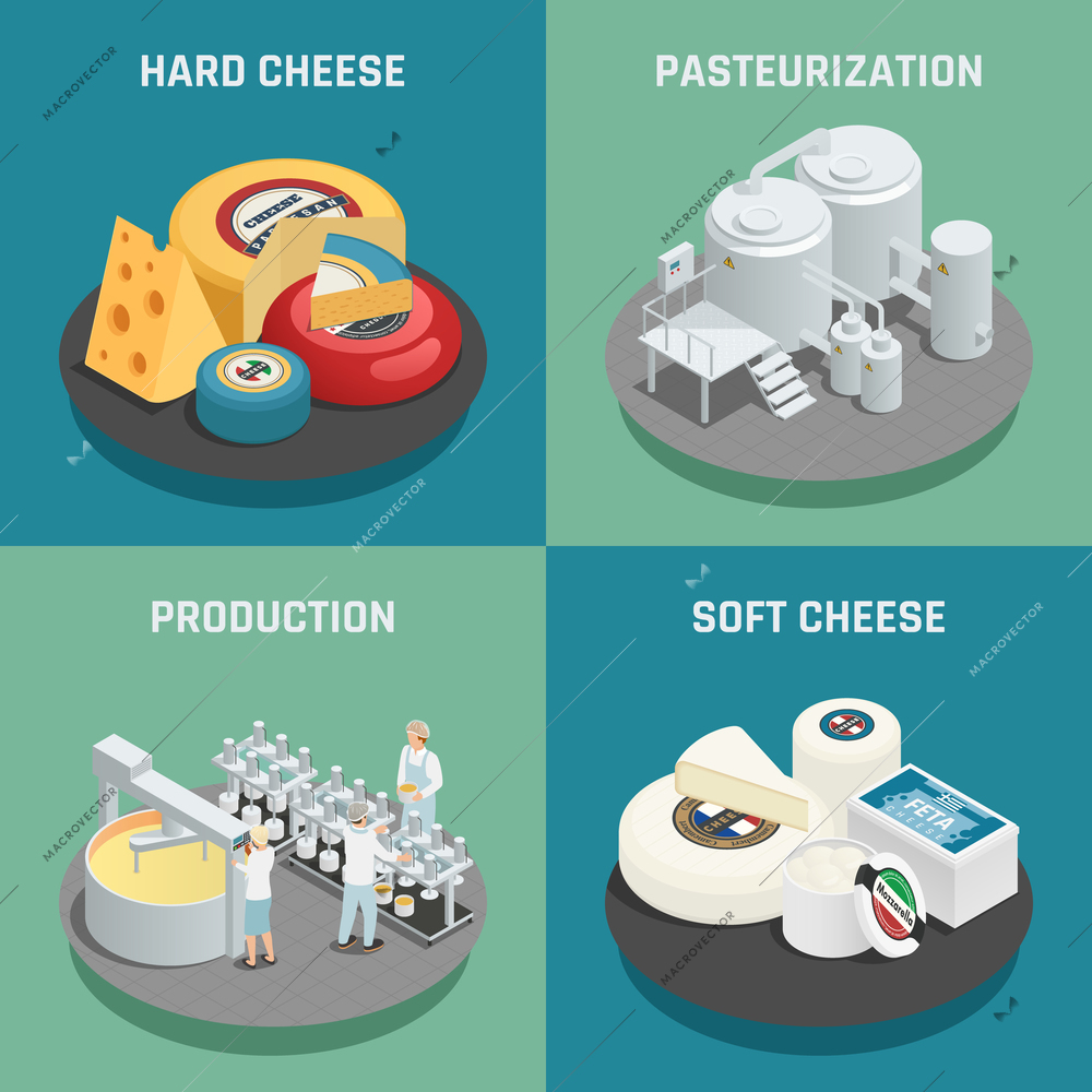 Hard and soft cheese production concept 4 isometric icons set square with pasteurization process  isolated vector illustration