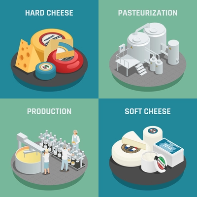 Hard and soft cheese production concept 4 isometric icons set square with pasteurization process  isolated vector illustration