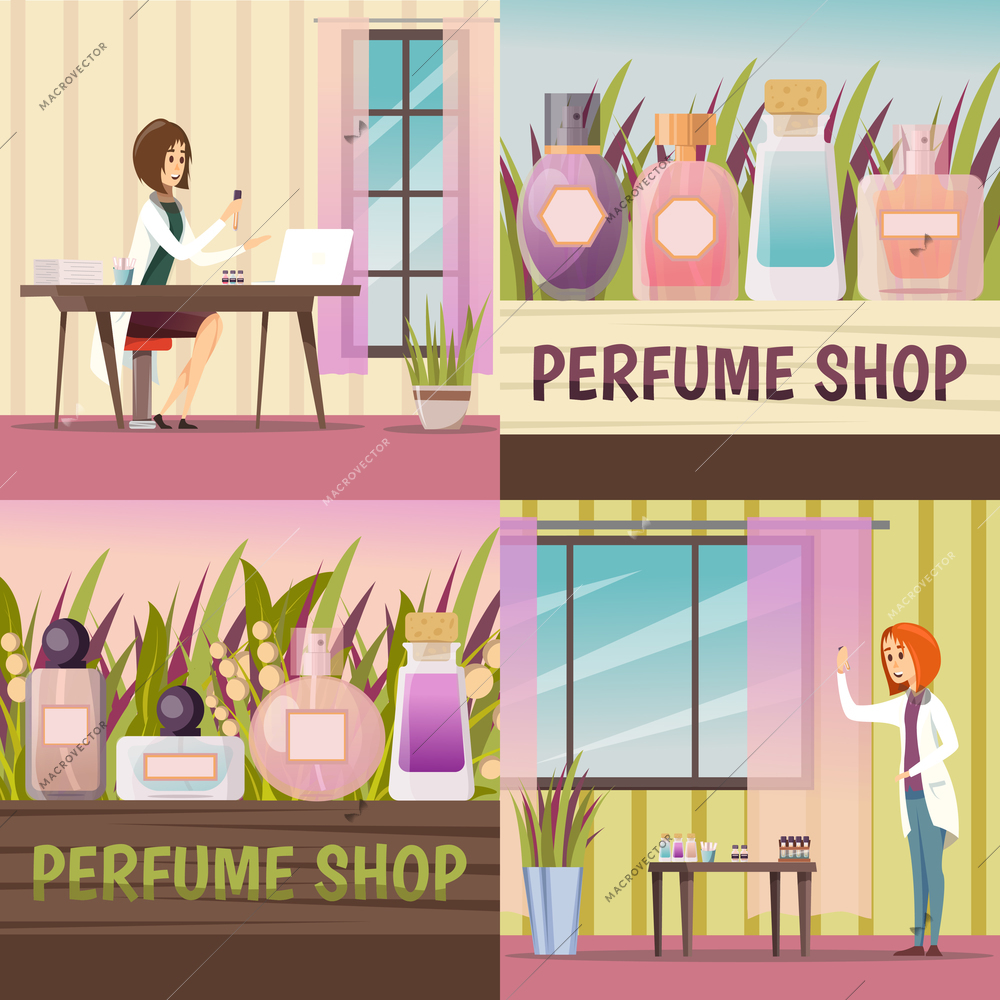 Four square perfume shop icon set with themes about creating a new fragrance and already created perfume vector illustration