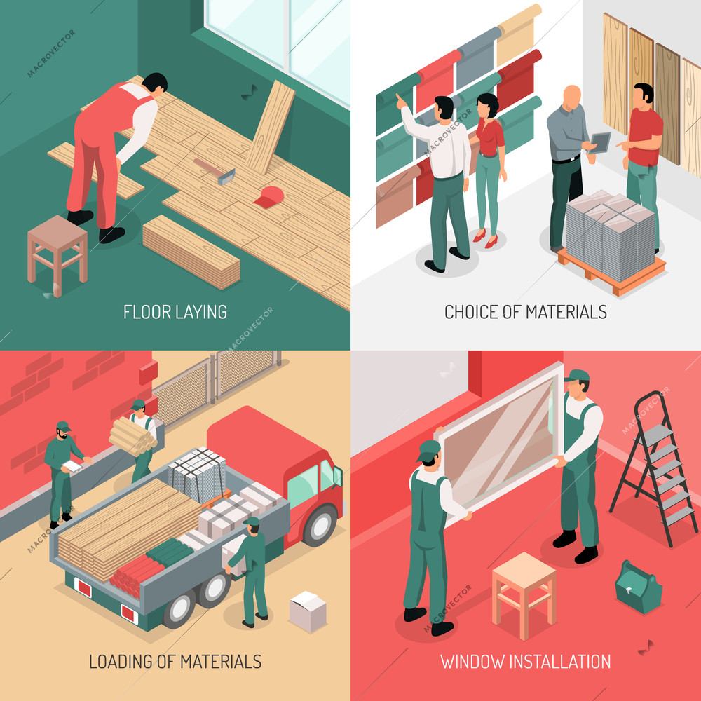 Different stages of apartment renovation 2x2 isometric design concept 3d isolated vector illustration