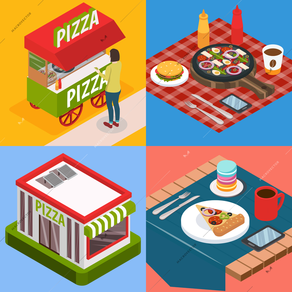 Pizzeria isometric design concept with street food, restaurant building, pizza with beverage and smartphone isolated vector illustration