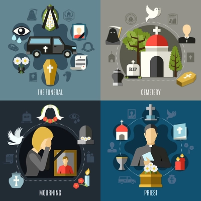 Funeral concept icons set with mourning and priest symbols flat isolated vector illustration