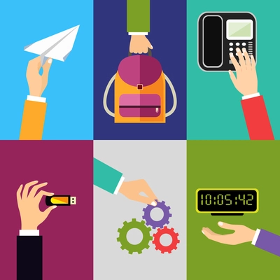 Business hands gestures design elements of holding paper plane backpack touching phone isolated vector illustration