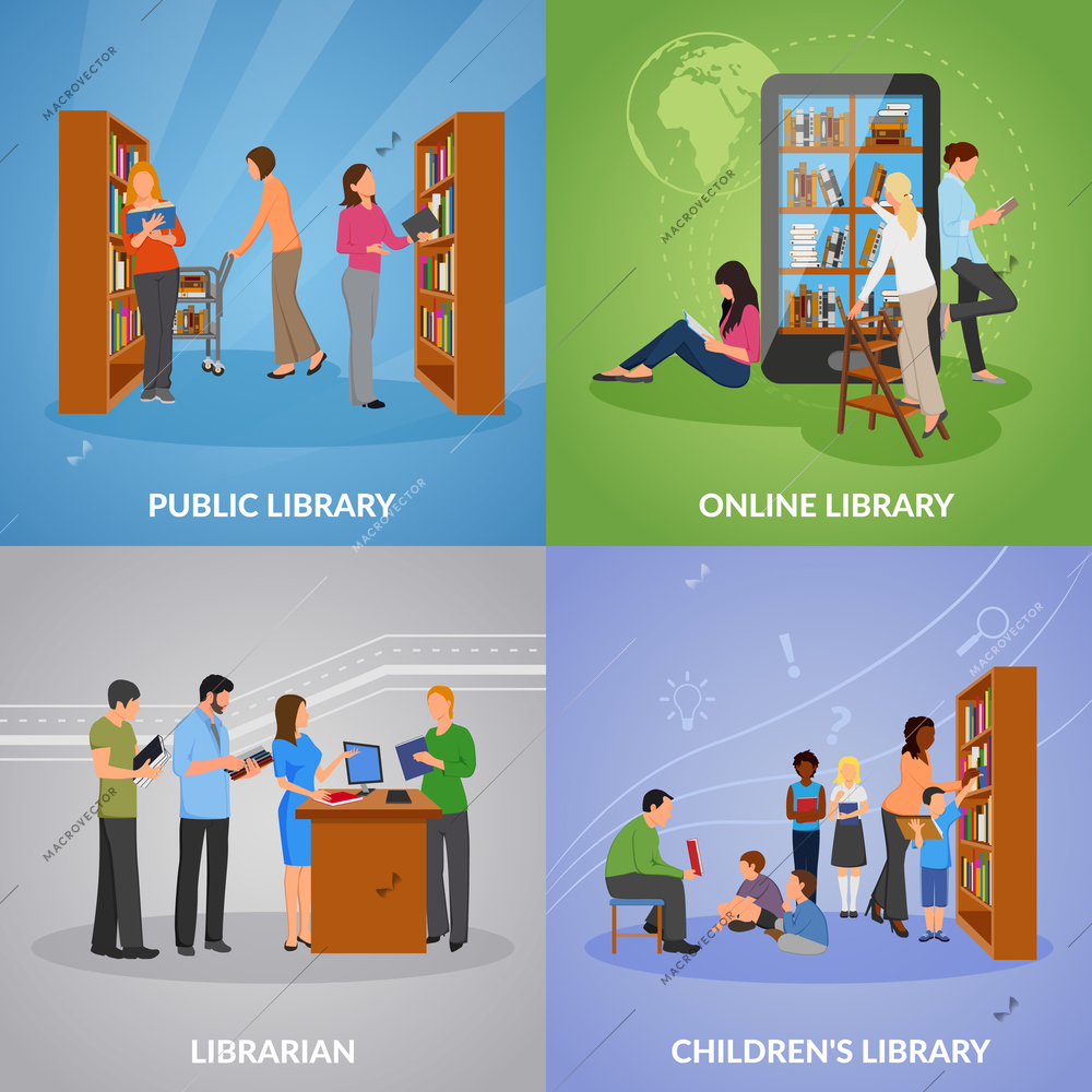 Library concept icons set with public and online library symbols flat isolated vector illustration