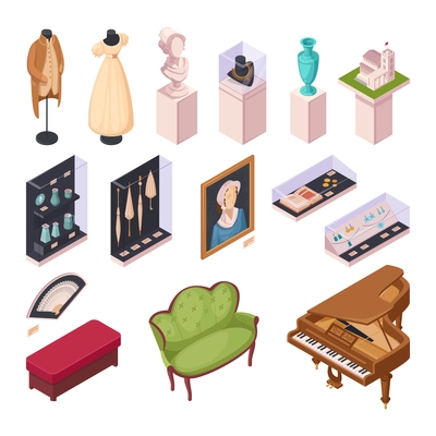 Museum exhibition isometric icons set with interior items historical fashion and ancient houseware 3d vector illustration