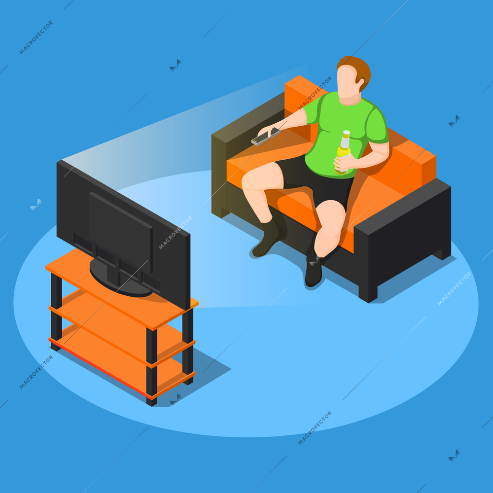 Sedentary lifestyle isometric composition of faceless male character with bottle of beer on couch watching television vector illustration